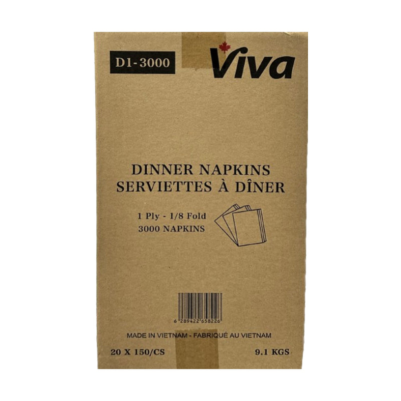 Viva D1-3000, 1/8 Fold 1 Ply Dinner Napkins, Case (20x150's)