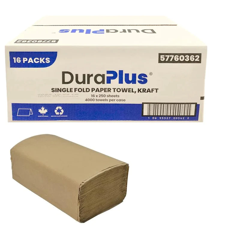 DuraPlus 57760362, Single Fold Kraft Paper Towel, Case (16x250's)