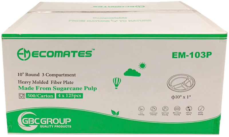 EcoMates EM-103P 10" 3-Compartment Fiber Plate, Case (500's)