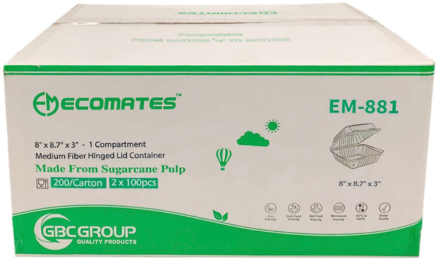 EcoMates EM-881/GD-881 Fiber Hinged Container, 200 Counts