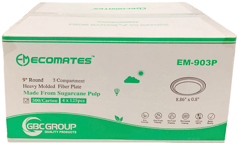 EcoMates EM-903P/GD-903P 9inch 3-Compartment Fiber Plate, Case (500's)