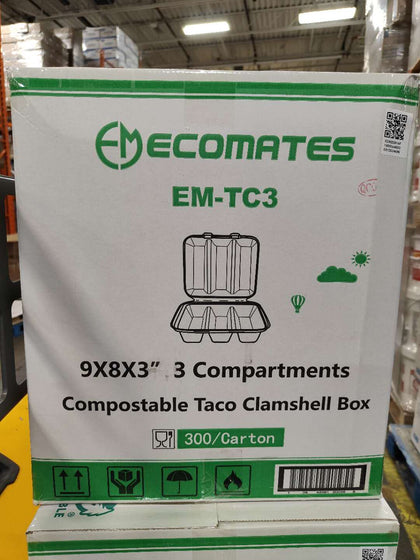 EcoMates EM-TC3, 9x8x3 3 Compartments Clamshell Box, Case (300's)