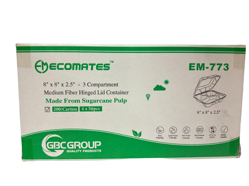 EcoMates EM-773/GD-773 3-Compartment Fiber Hinged Container, Case (200's)