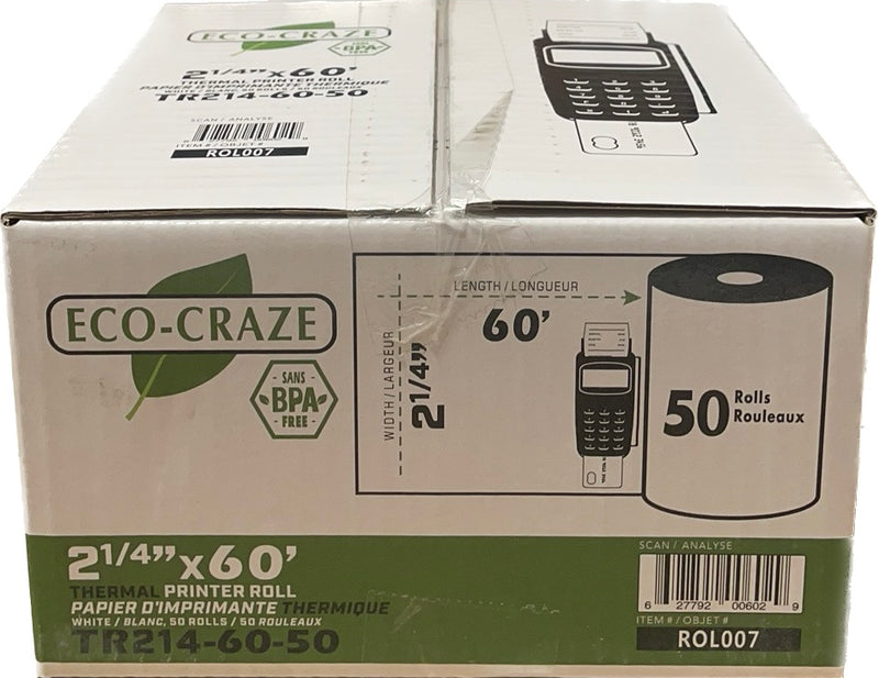 ECO-CRAZE ROL007, 2-1/4"x60' Thermal Rolls, Case (50's)