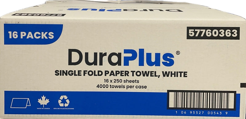 DuraPlus 57760363, Single Fold White Paper Towel, 16 x 250 Sheets