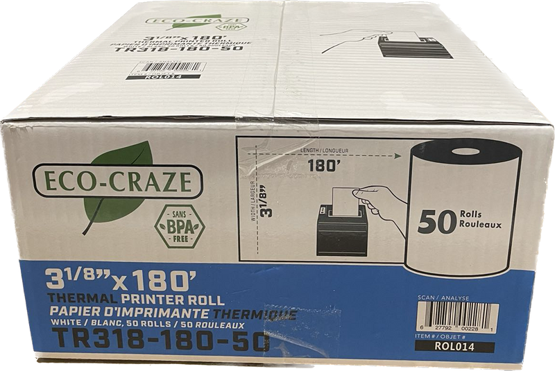 ECO-CRAZE ROL014 3-1/8" x 180' Thermal Rolls, Case (50's)