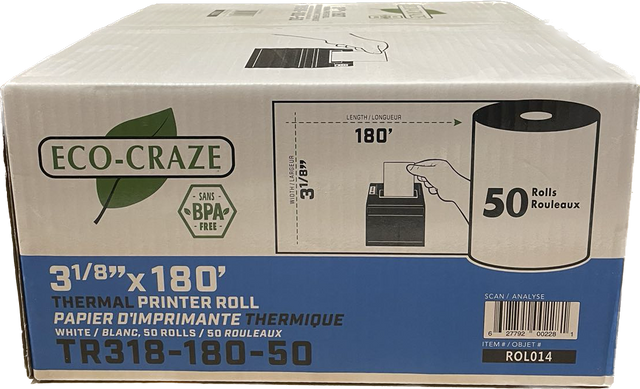 ECO-CRAZE ROL014 3-1/8" x 180' Thermal Rolls, Case (50's)