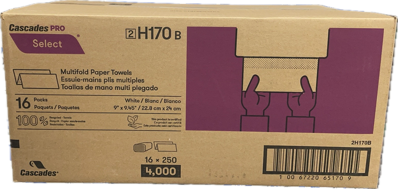 Cascades PRO H170B, Multifold White Paper Towels, Case (16x250's)
