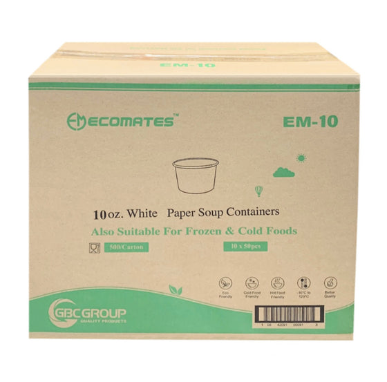 EcoMates EM-10, 10oz White Paper Soup Containers, Case (500's)