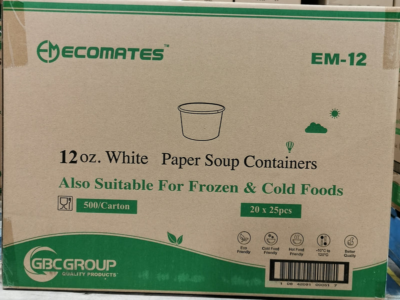 EcoMates EM-12, 12oz White Paper Container, Case (500's)