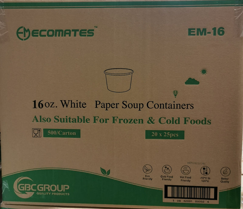 EcoMates EM-16, 16oz White Paper Container (500's)