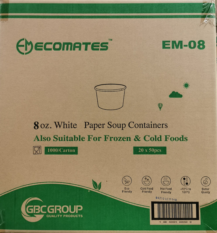 EcoMates EM-08, 8oz White Paper Container (1000's)